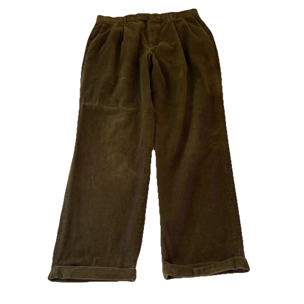 Grant Thomas Vtg Y2K Pleated Cuffed Green Corduroy Pants Tag 38x34 Actual 36x32